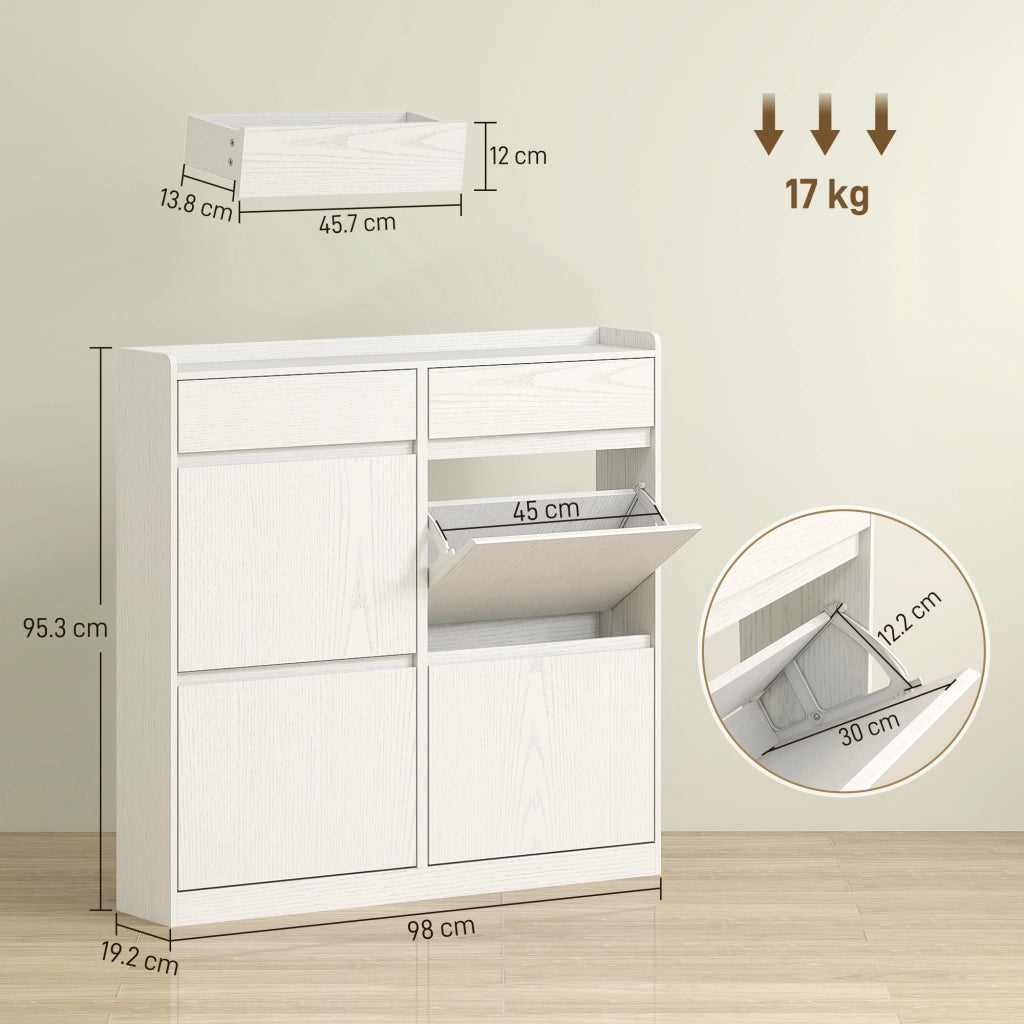 Scarpiera Slim 98x19,2x95,3 cm con 4 Ante a Ribalta e 2 Cassetti in Legno Bianco