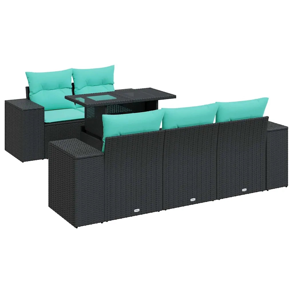 Set Divano da Giardino 6 pz con Cuscini Nero Polyrattan Acacia