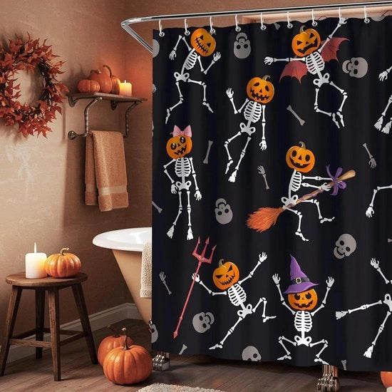 Douchegordijn con Motivo di Zucca e Teschio - Impermeabile, 180x180cm - Incluso 12 Haken