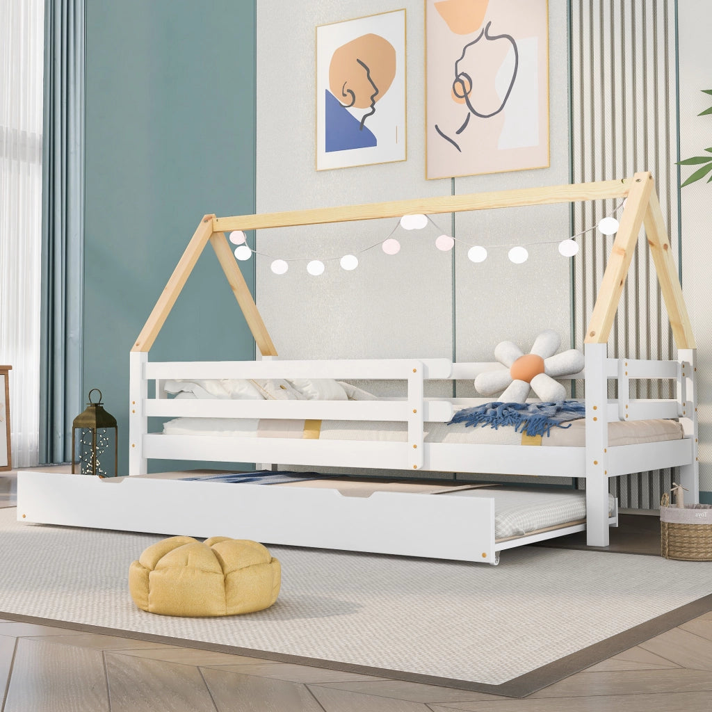 Letto a castello con letto estraibile bianco e naturale in legno massello 90x200 cm