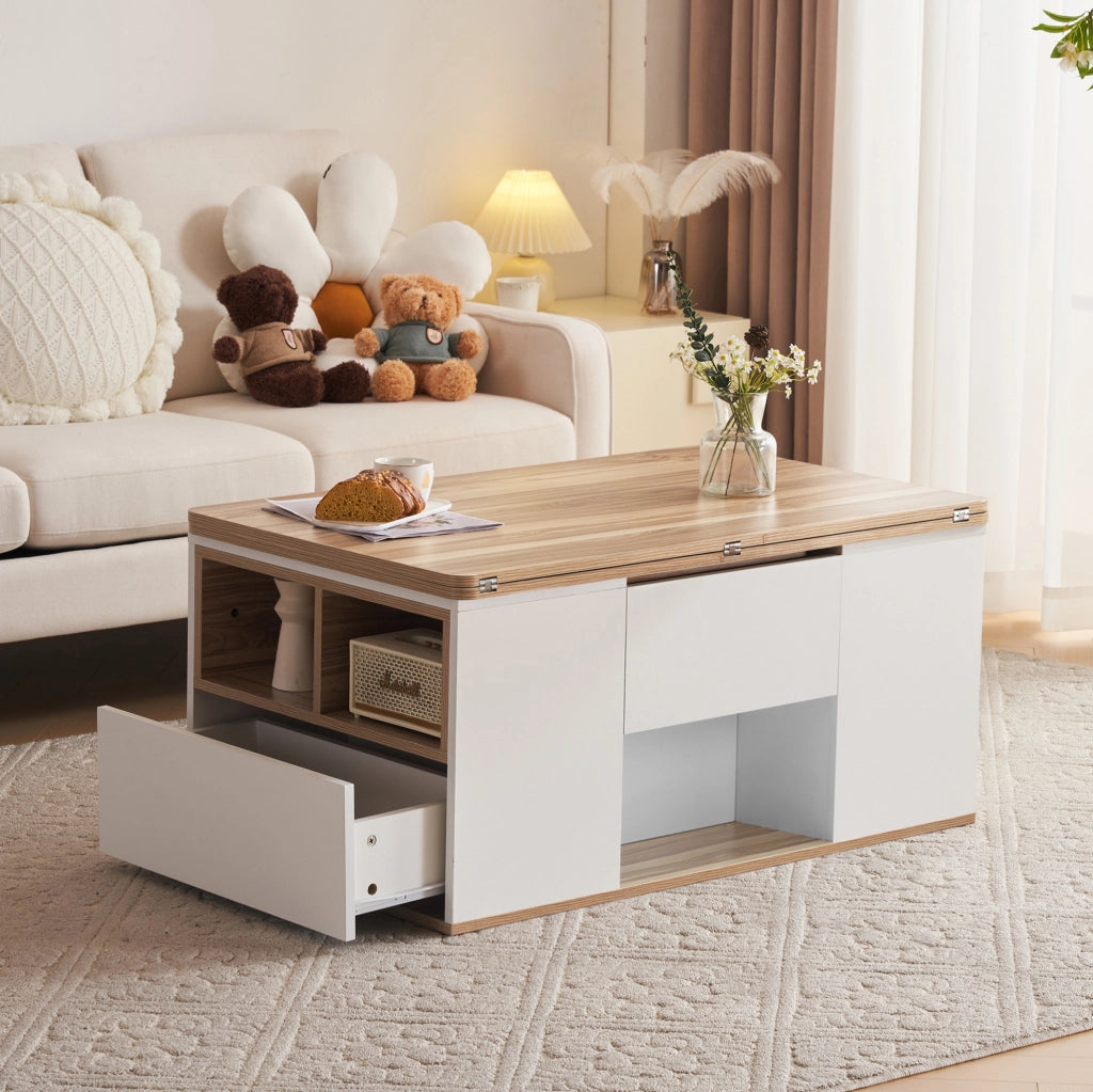 Tavolino da caffè elevabile 100 cm bianco e legno con 2 cassetti