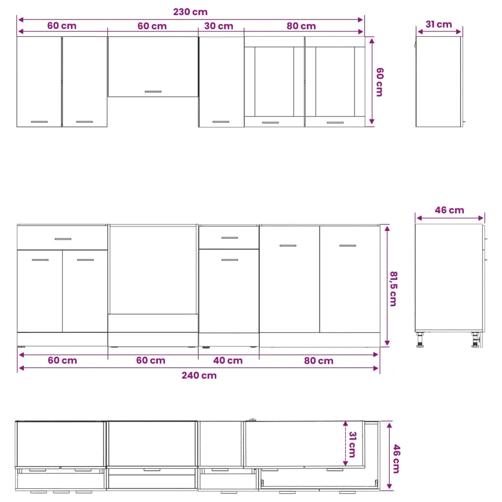 Unità Cucina Lyon 8 pz Rovere Nero Legno ingegnerizzato 3445860