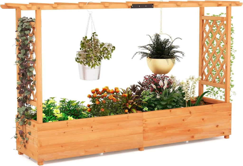 Fioriera Rialzata con Grigliato, Aiuola Rialzata con Traliccio per Piante Rampicanti e Fori di Drenaggio, Orto Elevato da Giardino, Terrazzo e Cortile (Marrone,200 x 44 x 114 cm)