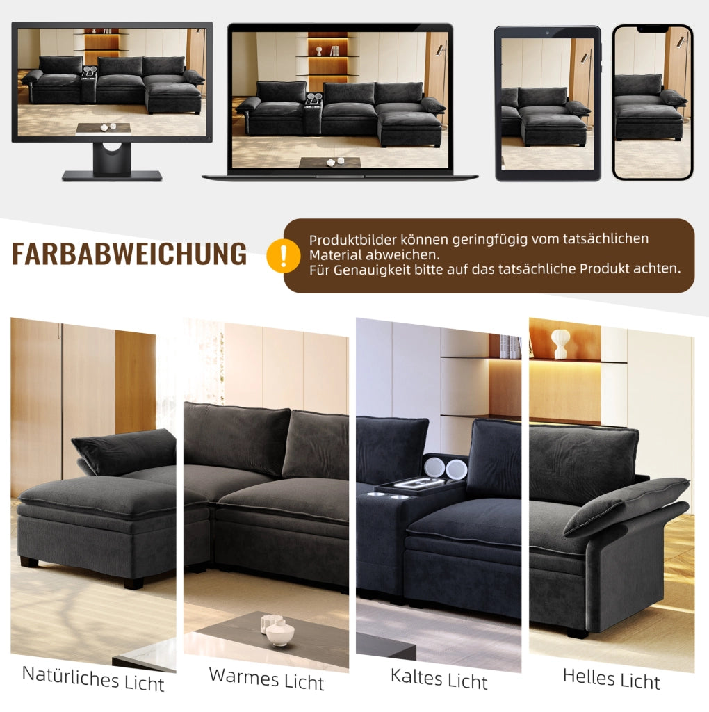 Divano modulare ULEVR 315 cm a L in ciniglia nera con pouf, ricarica wireless, altoparlanti Bluetooth e luce
