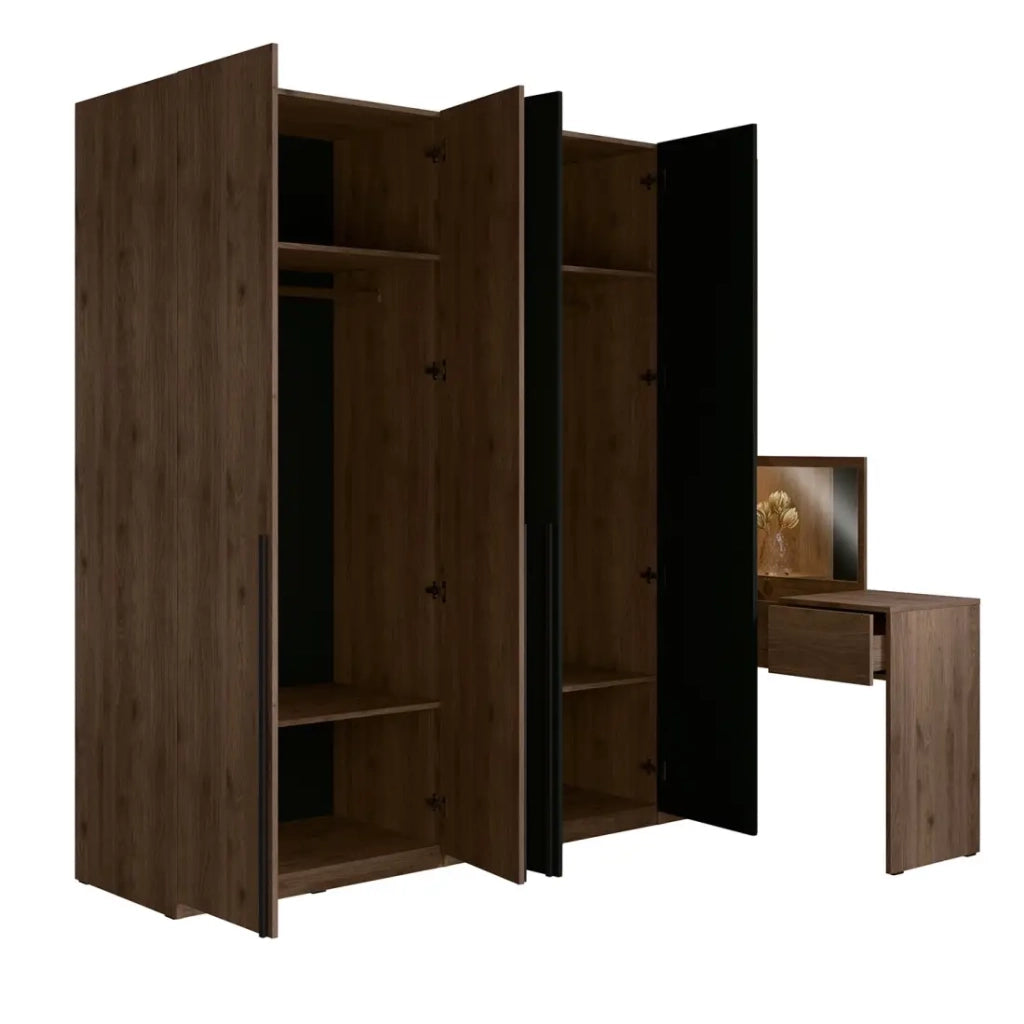Armadio 4 porte con toeletta integrata NORVIK - Noce e nero - Specchio, LED e compartimenti inclusi