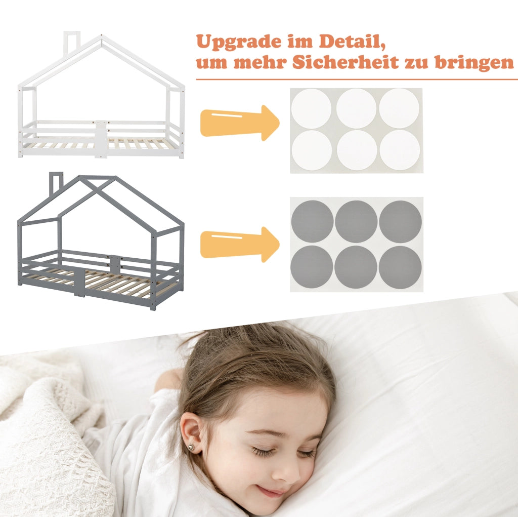 Letto a casetta per bambini 90x200 cm con protezione anticaduta; in legno massello di pino; bianco