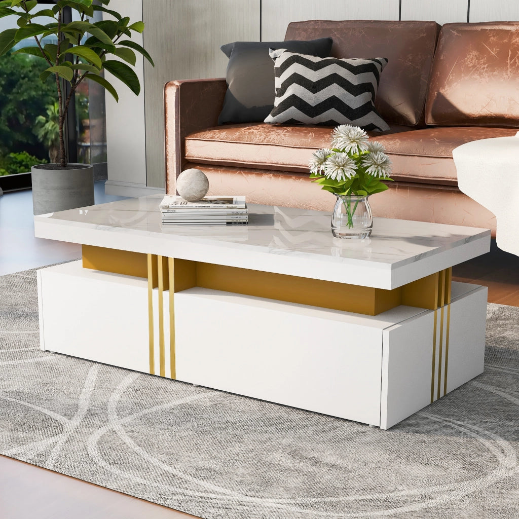 Tavolino da caffè rettangolare con 2 cassetti; piano lucido effetto marmo e bordo laterale in metallo; bianco 100 × 50 × 40 cm