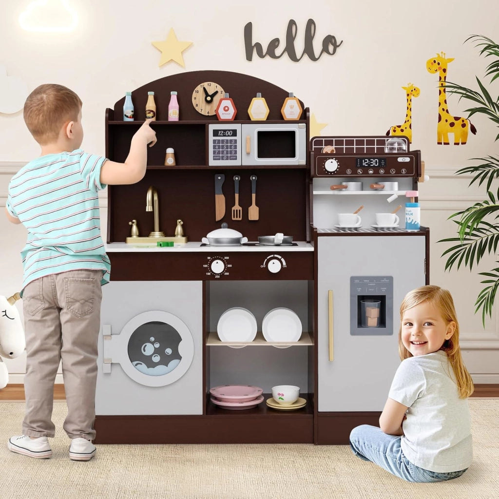 Cucina Giocattolo con Macchina da Caffè e del Ghiaccio, Cucina per Bambini in Legno con Lavatrice, Microonde, Fornelli e Lavandino, Set Cucina con 27 Accessori, 106 x 30 x 105 cm (Marrone)