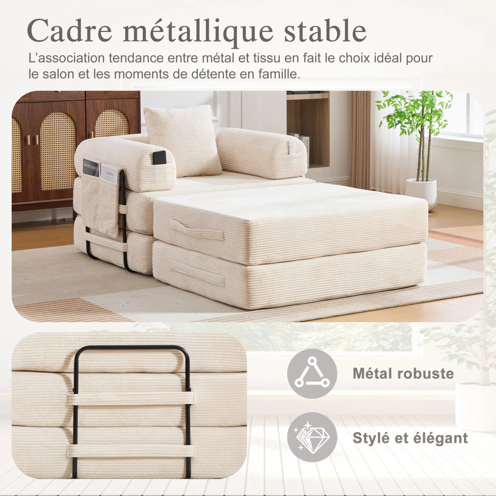Fauteuil con pouf modulare in velluto a coste con tasca laterale e cuscino beige per soggiorno 112 × 190 × 67 cm