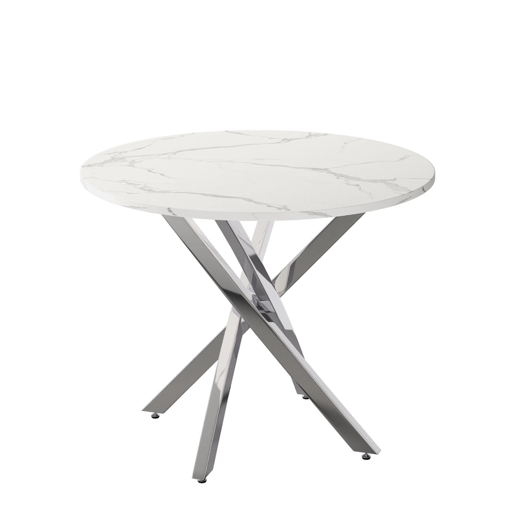Tavolo da pranzo rotondo con piano effetto marmo e gambe cromate per cucina e soggiorno bianco argento 80 × 80 × 75 cm