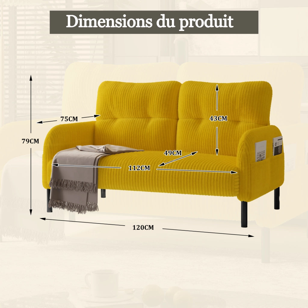 Divano 2 Posti con Schienale Ergonomico e Tasca Laterale; in Velluto a Coste; Giallo; 120 × 75 × 79 cm
