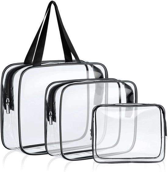 Set di contenitori trasparenti per bagno, 3-pack di borse trasparenti per cosmetici, contenitori per bagno in PVC idrorepellente, borse per cosmetici TSA autorizzate, per famiglie, uomini e donne