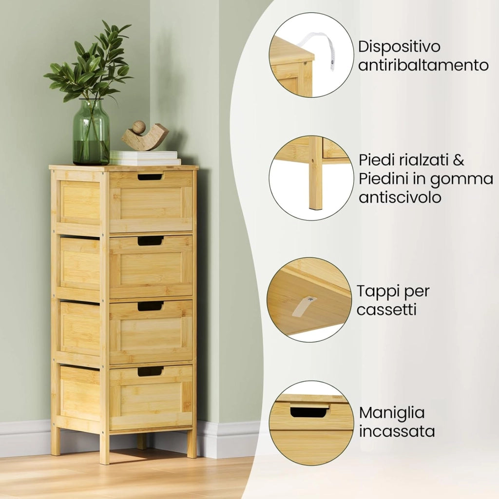 Mobile da Bagno Freestanding in Bambù con 4 Cassetti, Mobiletto per Soggiorno, Studio, Camera da Letto, 30x30x80cm, Colore Naturale del Bambù