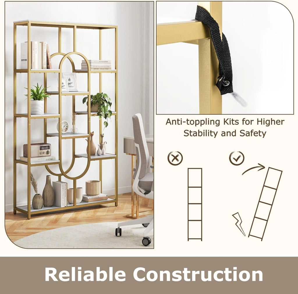 Libreria geometrica per carichi pesanti con telaio in metallo e protezione antiribaltamento, scaffale divisorio per libri, riviste e piante, 95 x 30 x 175 cm (bianco + oro)