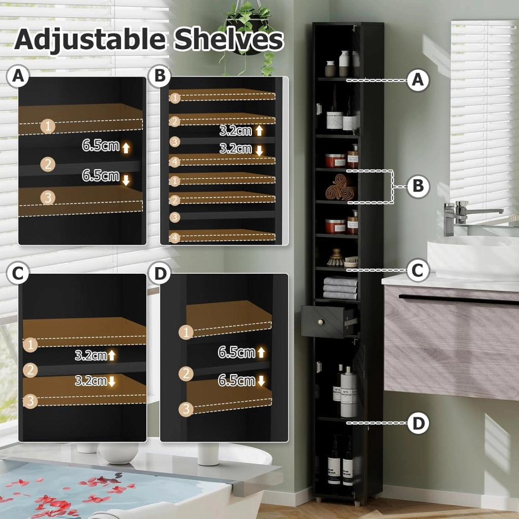 Armadio da Bagno Sottile e Alto con Ante, Mobiletto Bagno Salvaspazio Cassetto e Ripiani Regolabili, Design Moderno, 20 x 20 x 180 cm, 4 Colori
