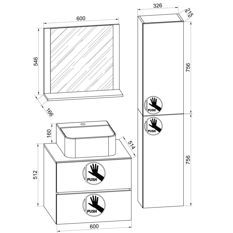Luce Set Bagno 4 Pezzi Mobile sospeso 2 casetti con lavabo nero large in ceramica include 1 Colonna e specchio, Bianco