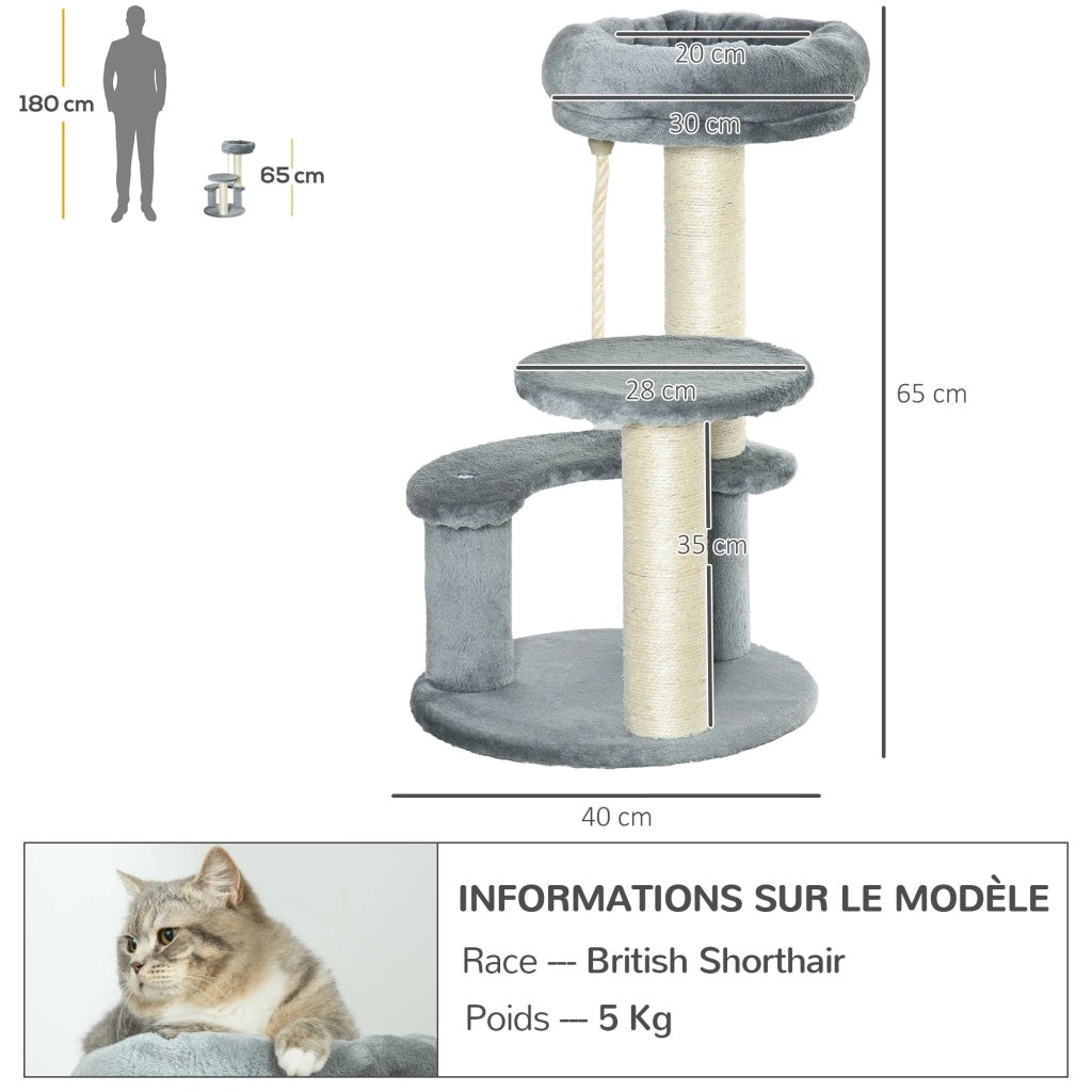 Albero per gatti con 3 piattaforme e grattatoi in sisal ¨C zephmum ¨C grigio ?40x65H cm