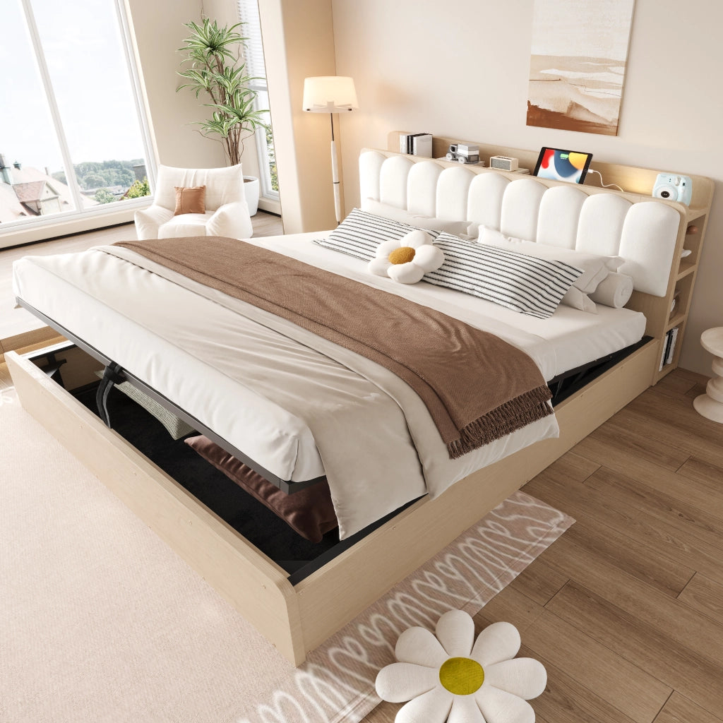 LETTO 180x200 cm in legno con contenitore idraulico, testiera imbottita, colore legno naturale