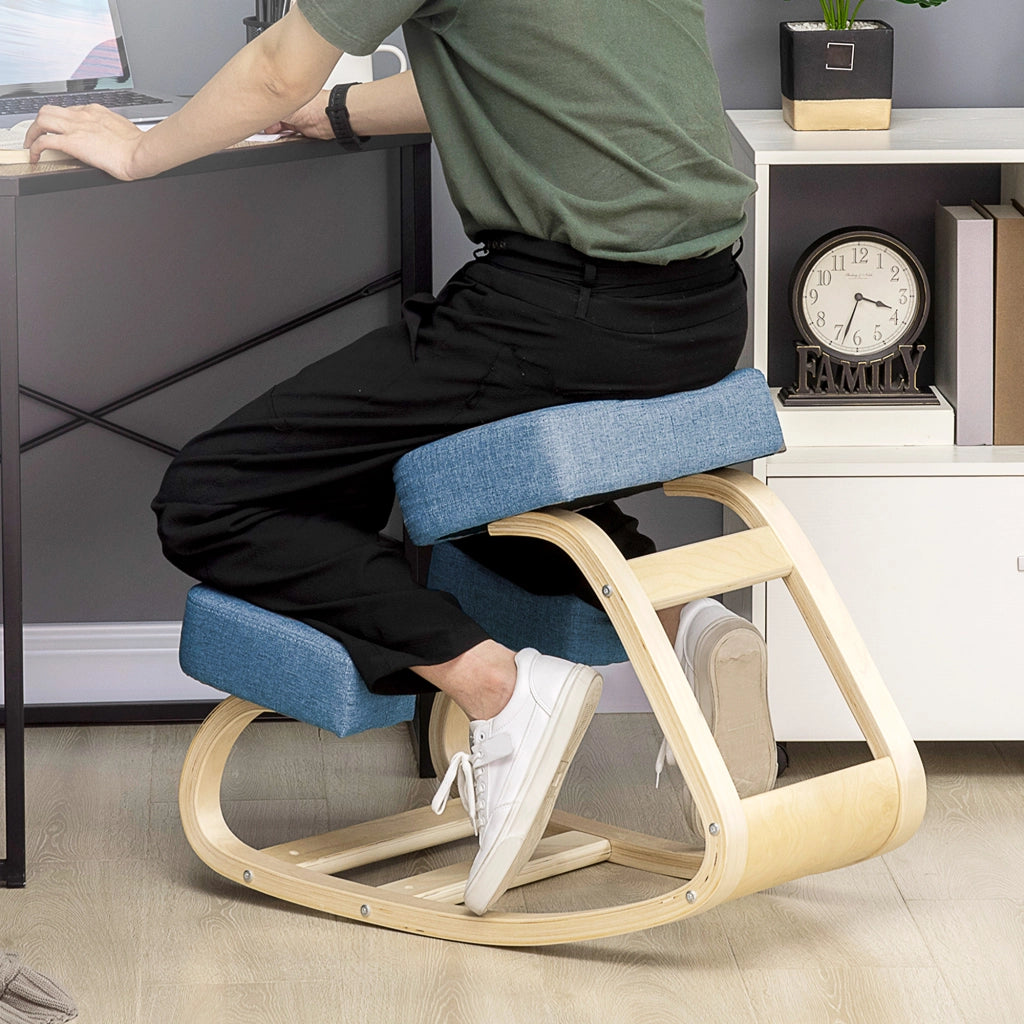 Sedia Ergonomica con Inginocchiatoio in Legno di Betulla e Cuscino, 51x69x58cm, Blu