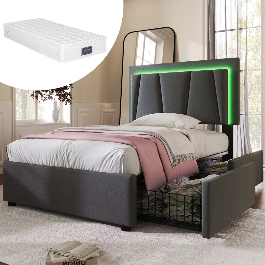 OKWISH Letto con Cassetti 90×200 cm, Letto Singolo con LED Regolabile, Testiera Regolabile e 2 Cassetti, con Materasso, Grigio