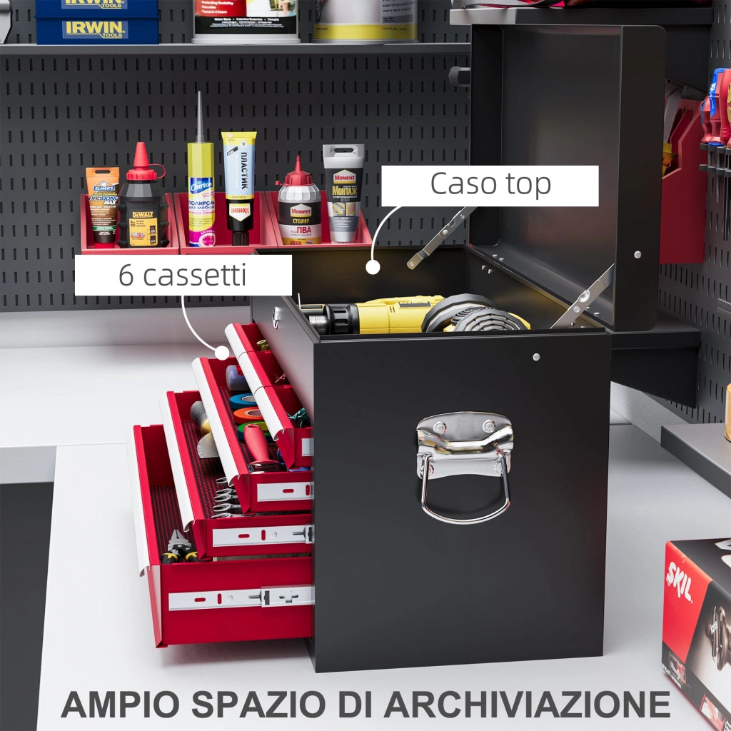 Cassetta per Attrezzi a 6 Cassetti 60x26x34 cm con Serratura in Acciaio Nero e Rosso