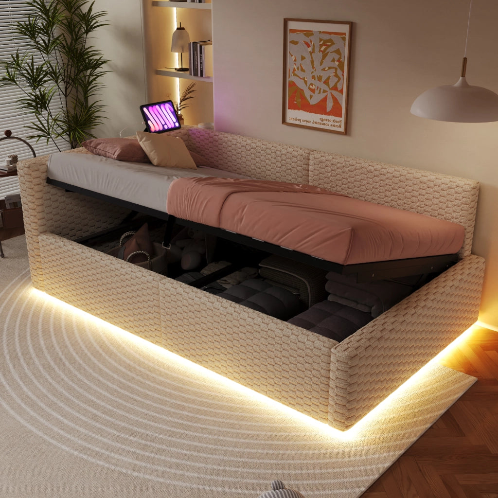 Letto imbottito singolo 90×200 cm con contenitore; LED; USB e Type-C; senza materasso; velluto; beige