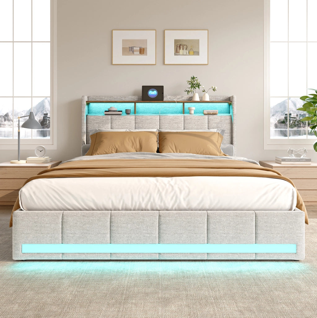 Letto con contenitori estraibili laterali e LED; legno massello e MDF; beige
