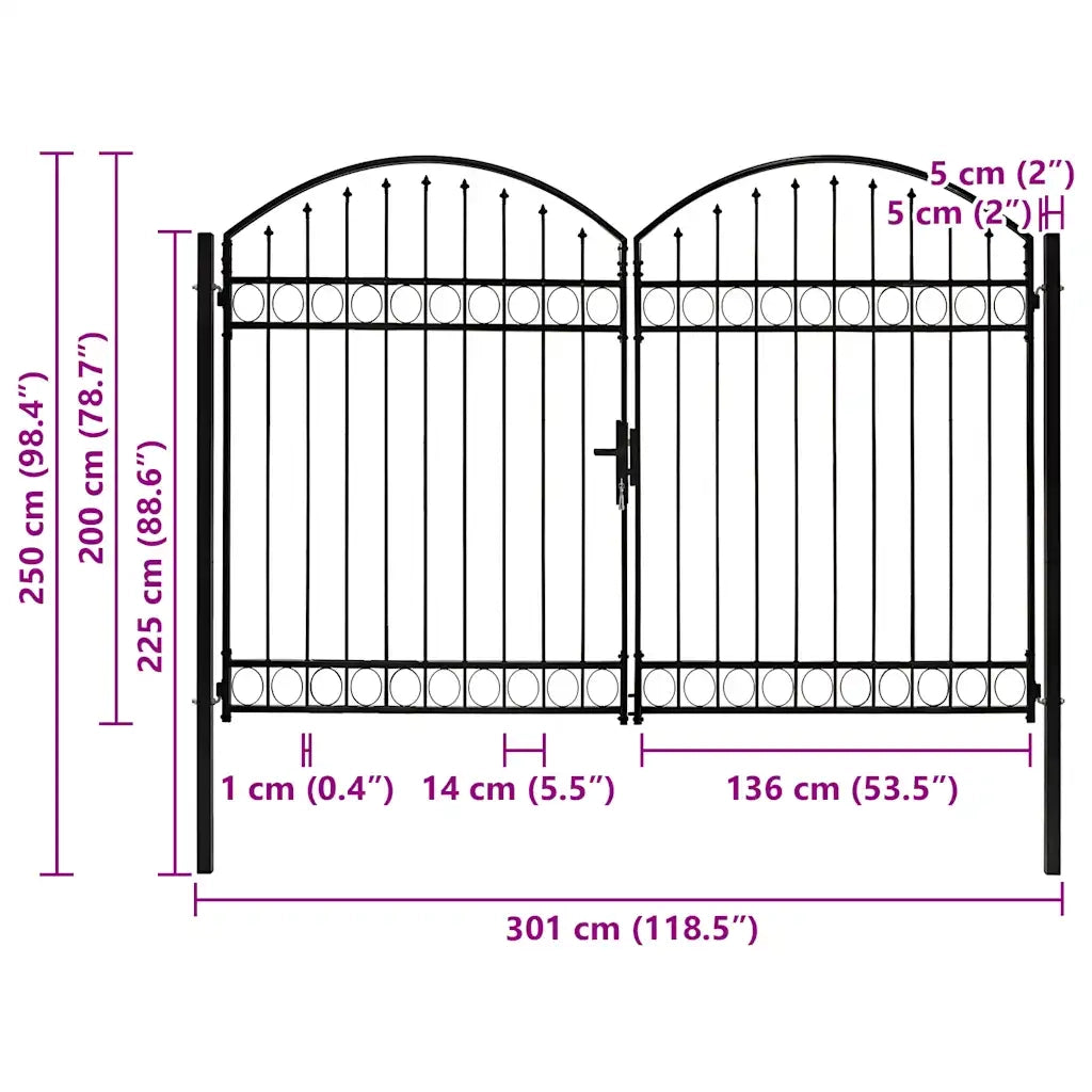 Cancello a Doppia Anta ad Arco in Acciaio 300x200 cm Nero 146341