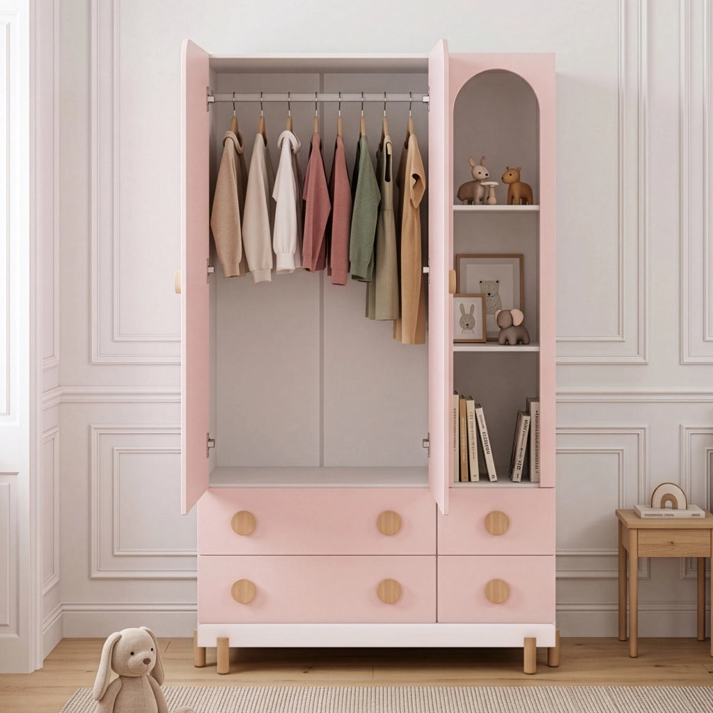 Armadio per Cameretta Vaarentaa a 2 Ante con 4 Cassetti e 3 Vani Aperti 156x90x41 cm - Bianco/Rosa [en.casa]