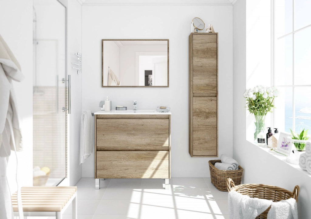 Mobile sottolavabo Alis, Mobiletto sospeso con 2 cassetti, Armadio per bagno con specchio, Lavabo escluso, cm 80x45h80, Quercia