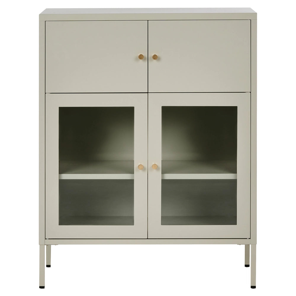Vetrina in ferro beige chiaro con 2 ante in vetro e 2 scomparti chiusi in stile scandinavo