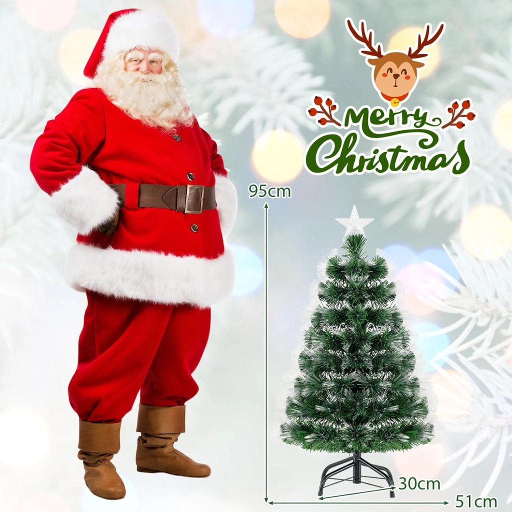 Albero di Natale Artificiale in Fibra Ottica 95 cm | Albero di Natale Pre-Illuminato con 93 Punte di Ramo, Stella Decorativa e Base Metallica, per Casa, Ufficio e Negozio