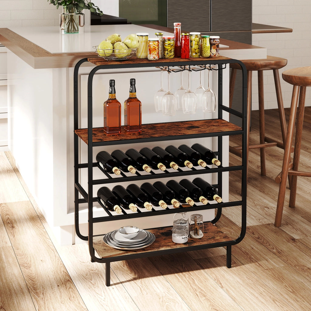 Portabottiglie per vino da 16 bottiglie con portacalici-Scaffale da pavimento a 5 ripiani stile industriale metallo per cucina home bar