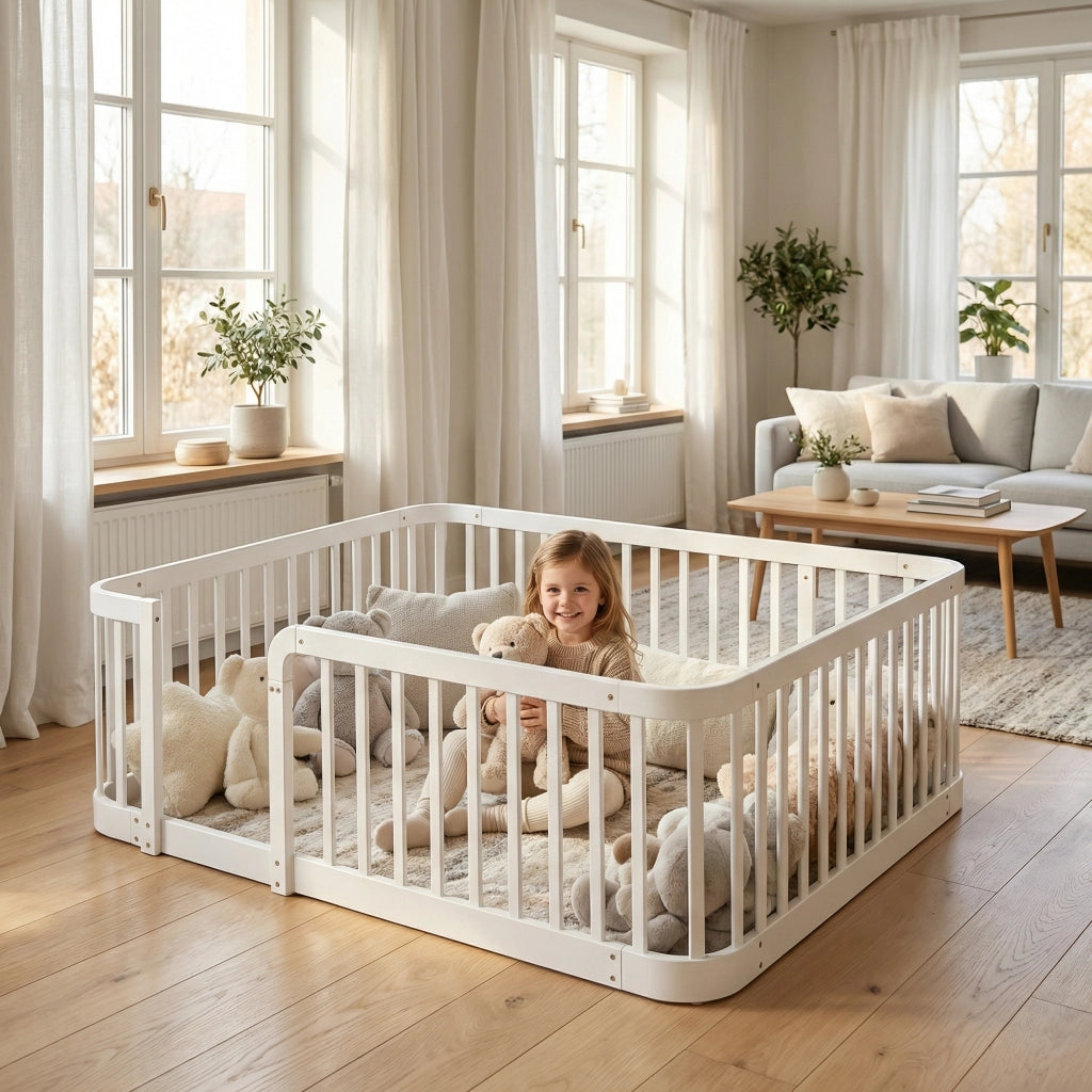 Parcogiochi modulare in legno 140x200 bianco distanza 7 cm bordi arrotondati