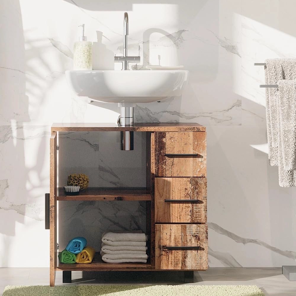 Mobile sottolavabo per bagno Ilias, Rovere rustico, 60 x 60.8 cm con anta e 3 cassetti, con intaglio per sifone per l'installazione su lavabo