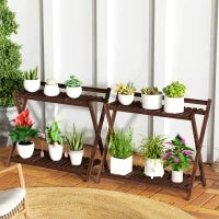 Set 2 Portapiante a 2 Livelli con Design a Doghe in Legno di Abete, 73x36x64 cm, Marrone Bruciato