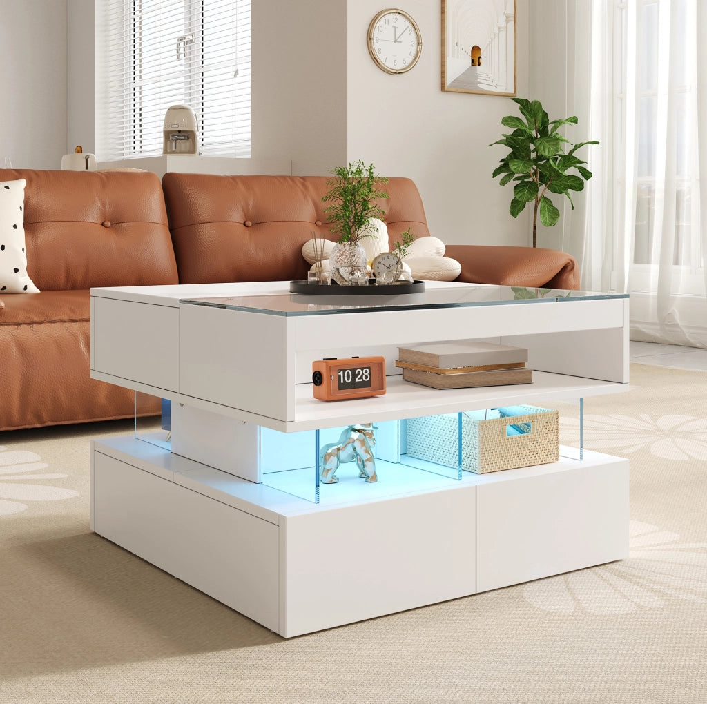 Tavolino da salotto con piano sollevabile 70 x 67 x 57 cm; LED 16 colori; vetro; bianco