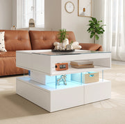 Tavolino da salotto con piano sollevabile 70 x 67 x 57 cm; LED 16 colori; vetro; bianco
