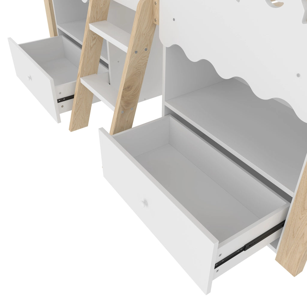 DESMIU Letto a soppalco per bambini 90 × 200 cm 1 posto con 2 cassetti, LED e scaffali, senza materasso