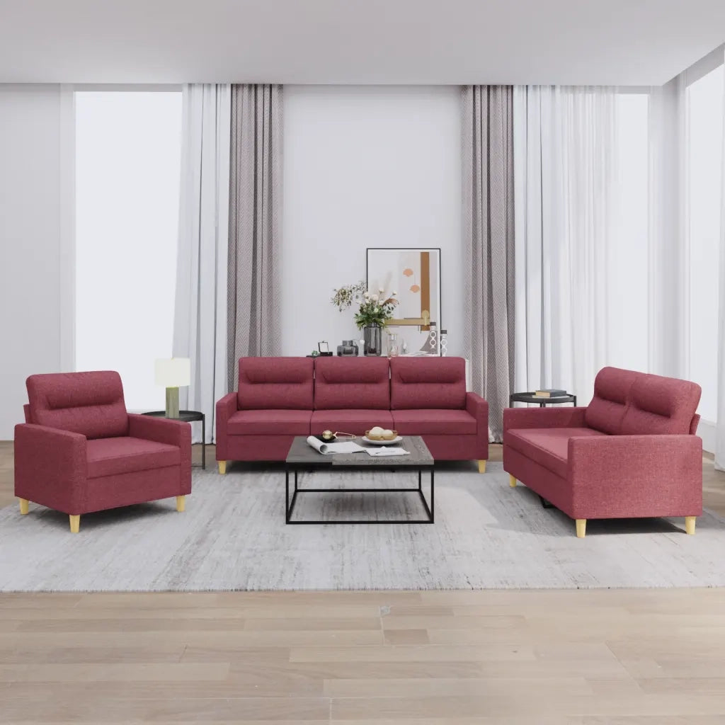 Set di Divani 3 pz con Cuscini Rosso Vino in Tessuto 3201542