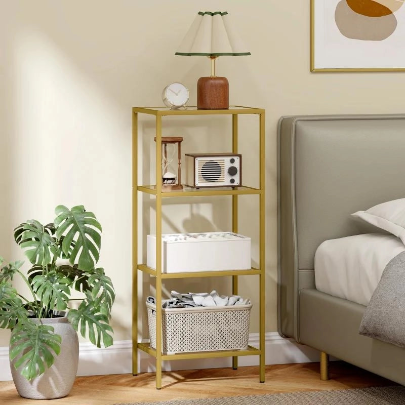 MOBILETTO SCAFFALE A 4 LIVELLI MINIMAL IN METALLO E VETRO TEMPERATO, 40X30X96.5 CM, COLOR ORO