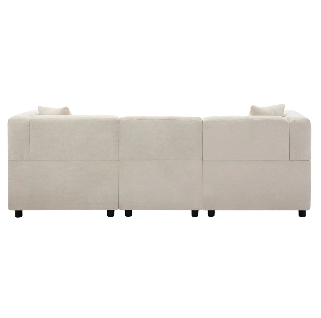Divano angolare modulare 3 posti in tessuto di ciniglia beige con pouf contenitore e 2 cuscini