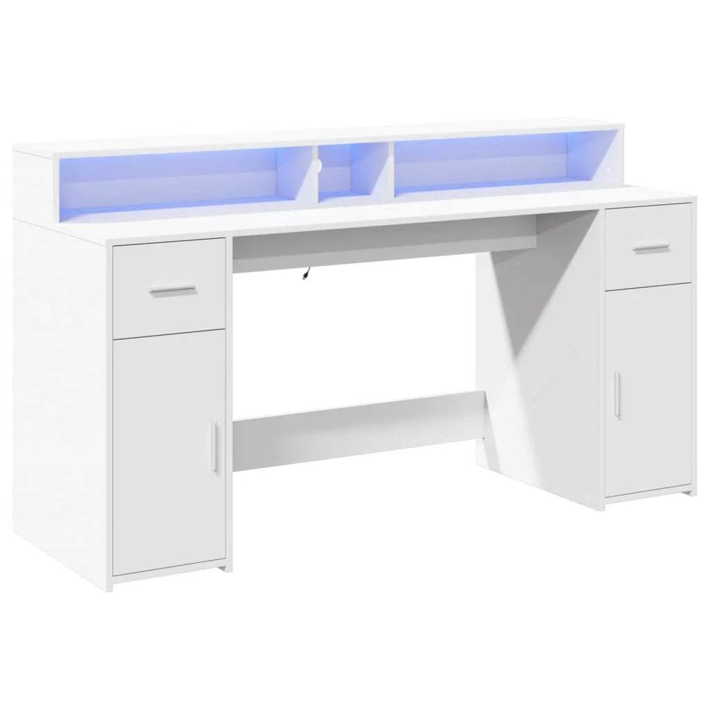 Scrivania tavolo postazione di lavoro scrivania per computer mobile da studio con luci a LED 160 x 55 x 91 cm legno ingegnerizzato bianco 02_0023408