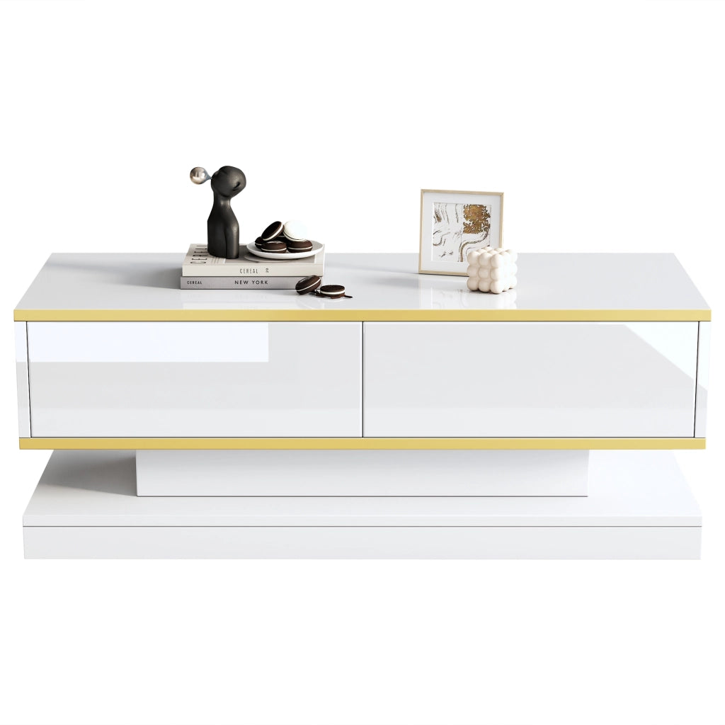 TAVOLINO DA SALOTTO 100 x 50 x 38 cm Bianco caldo con bordi oro e 2 cassetti
