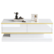 TAVOLINO DA SALOTTO 100 x 50 x 38 cm Bianco caldo con bordi oro e 2 cassetti