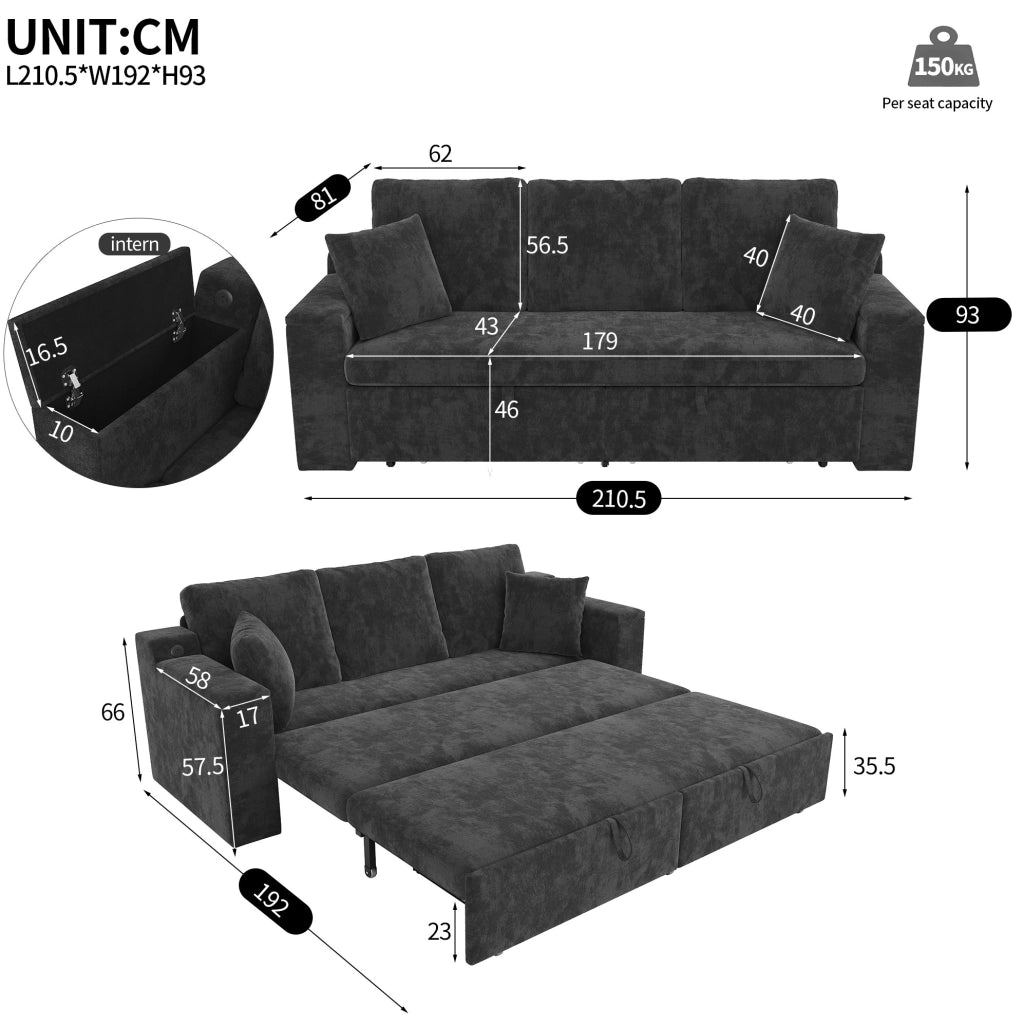 Divano letto 3 posti trasformabile in chenille grigio con struttura in metallo e porta USB