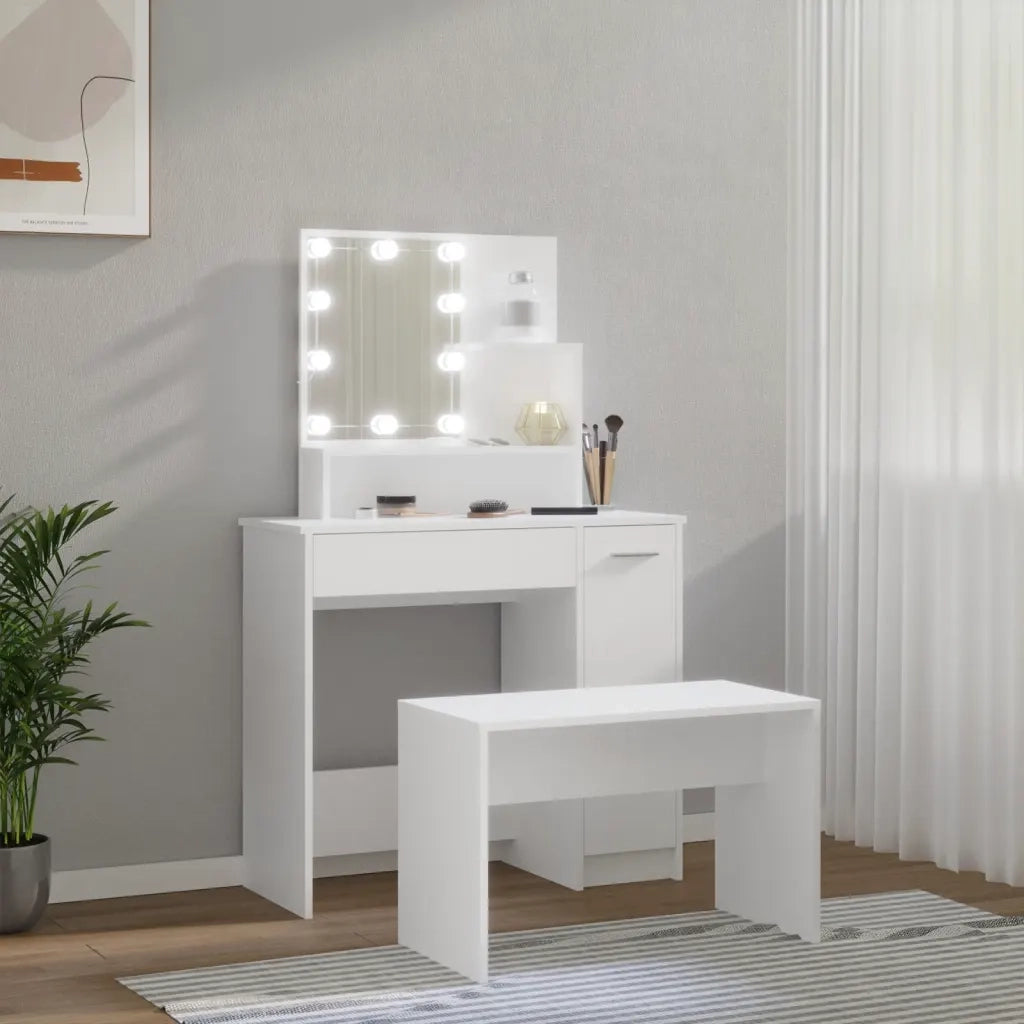 Set Tavolo da Toeletta | Tavolo da Trucco Bianco con LED in Legno Multistrato