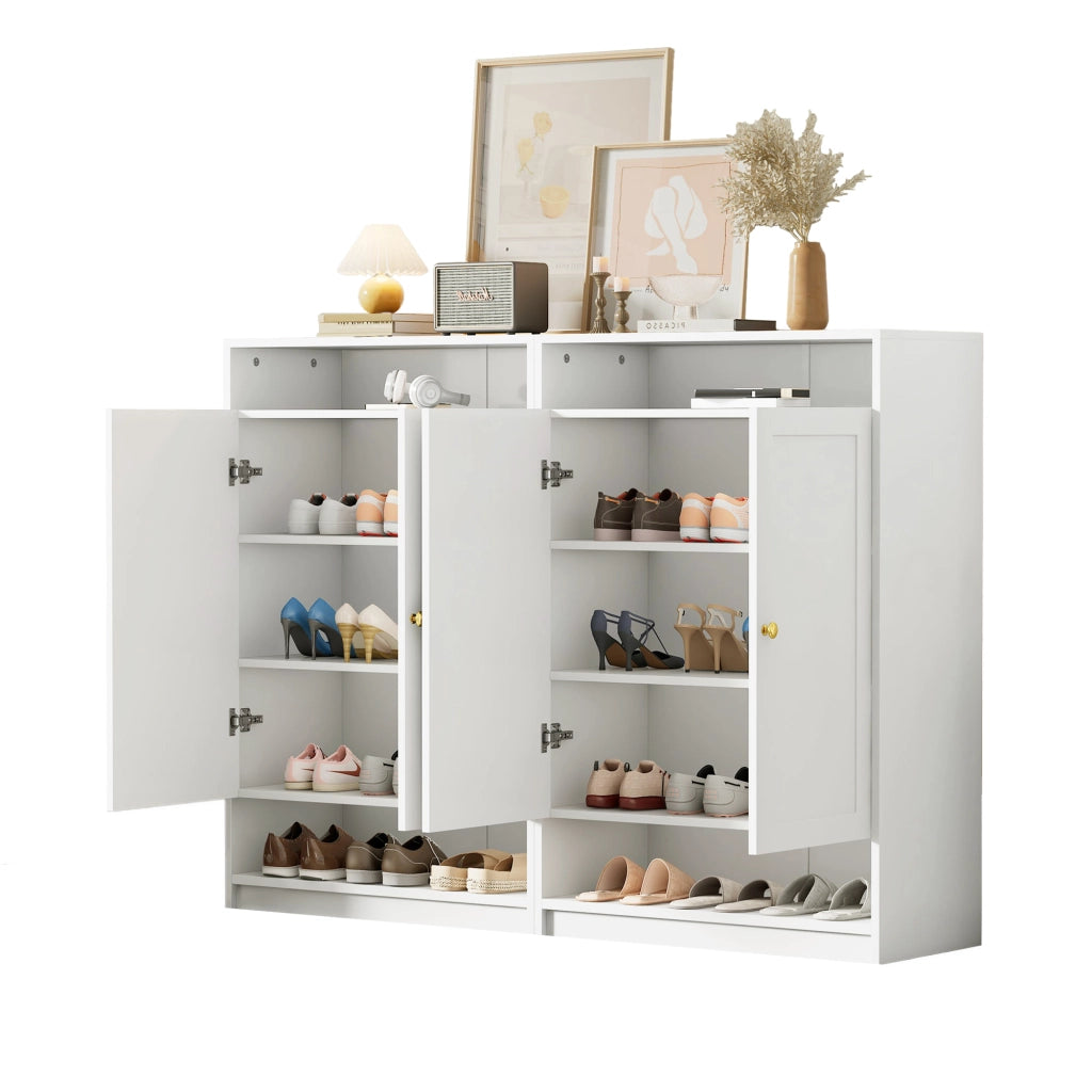 Scarpiera con 2 ante ripiani regolabili e vani aperti per ingresso in truciolare bianco 146 × 34 × 109 cm