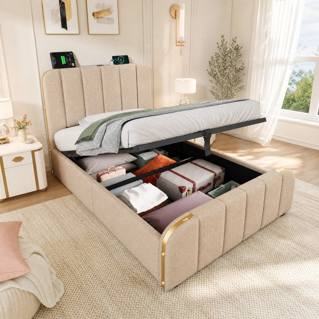 Letto singolo imbottito 90x200 cm con testiera USB Type-C, contenitore idraulico, beige