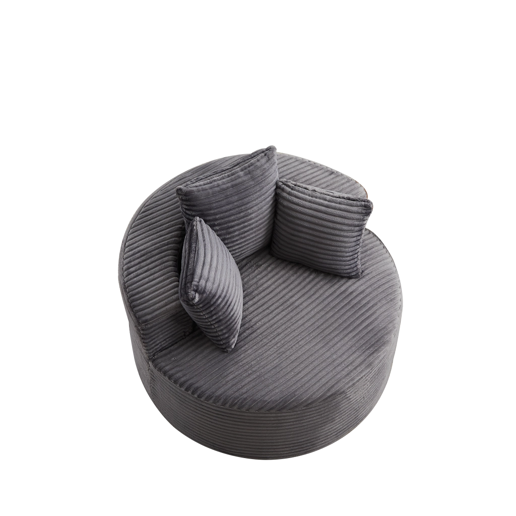 Poltrona lounge rotonda con braccioli larghi e 3 cuscini design minimalista in velluto a coste grigio 116 × 34 × 31 cm